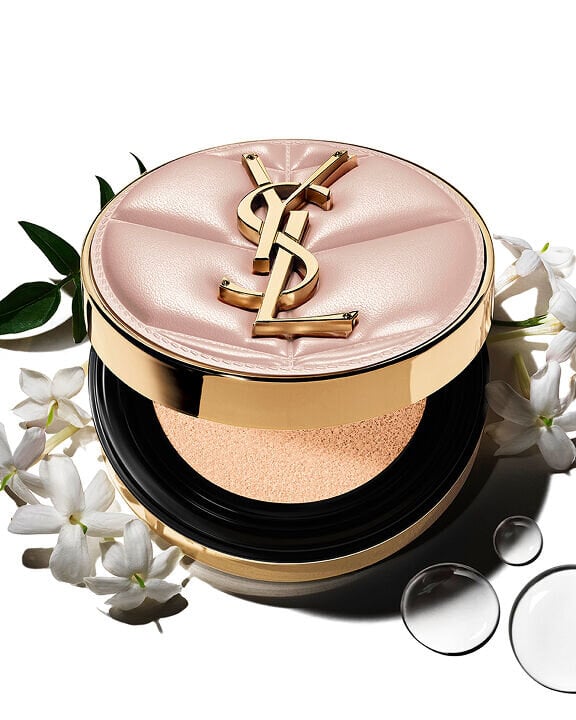 YSL SKIN AFFAIR SOFT GLOW CUSHION with jasmine petals and water drops. Serum-infused formula for instant hydration and glow.
