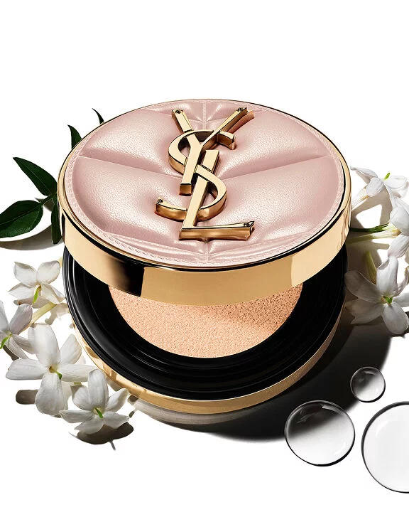 YSL SKIN AFFAIR SOFT GLOW CUSHION with jasmine petals and water drops. Serum-infused formula for instant hydration and glow.