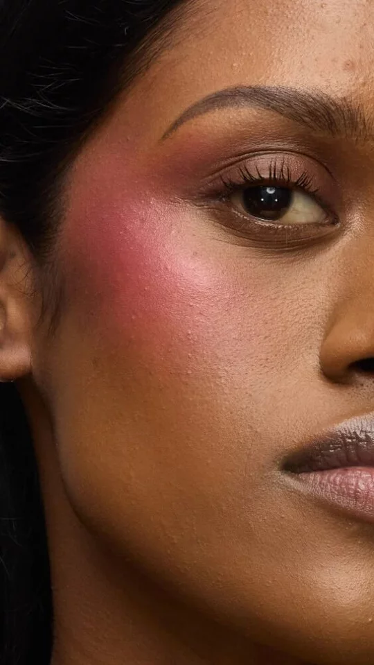 Close-up of a model's cheek wearing the Make Me Blush routine: Powder #66 Fuchsia Fizz layered with Cream #86 Raspberry Glaze for a vibrant, juicy finish.