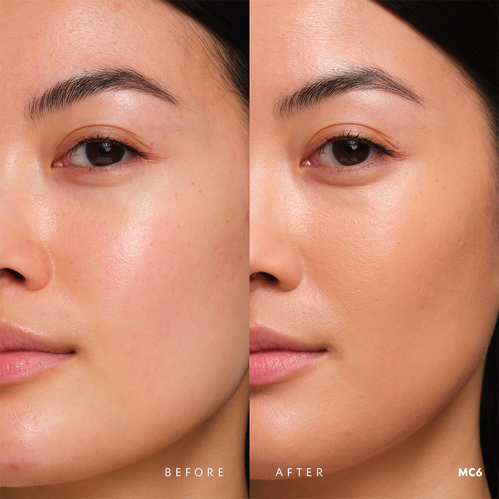 Before and after YSL SKIN AFFAIR SOFT GLOW CUSHION FOUNDATION MC6. Unified complexion with seamless radiant soft glow finish.