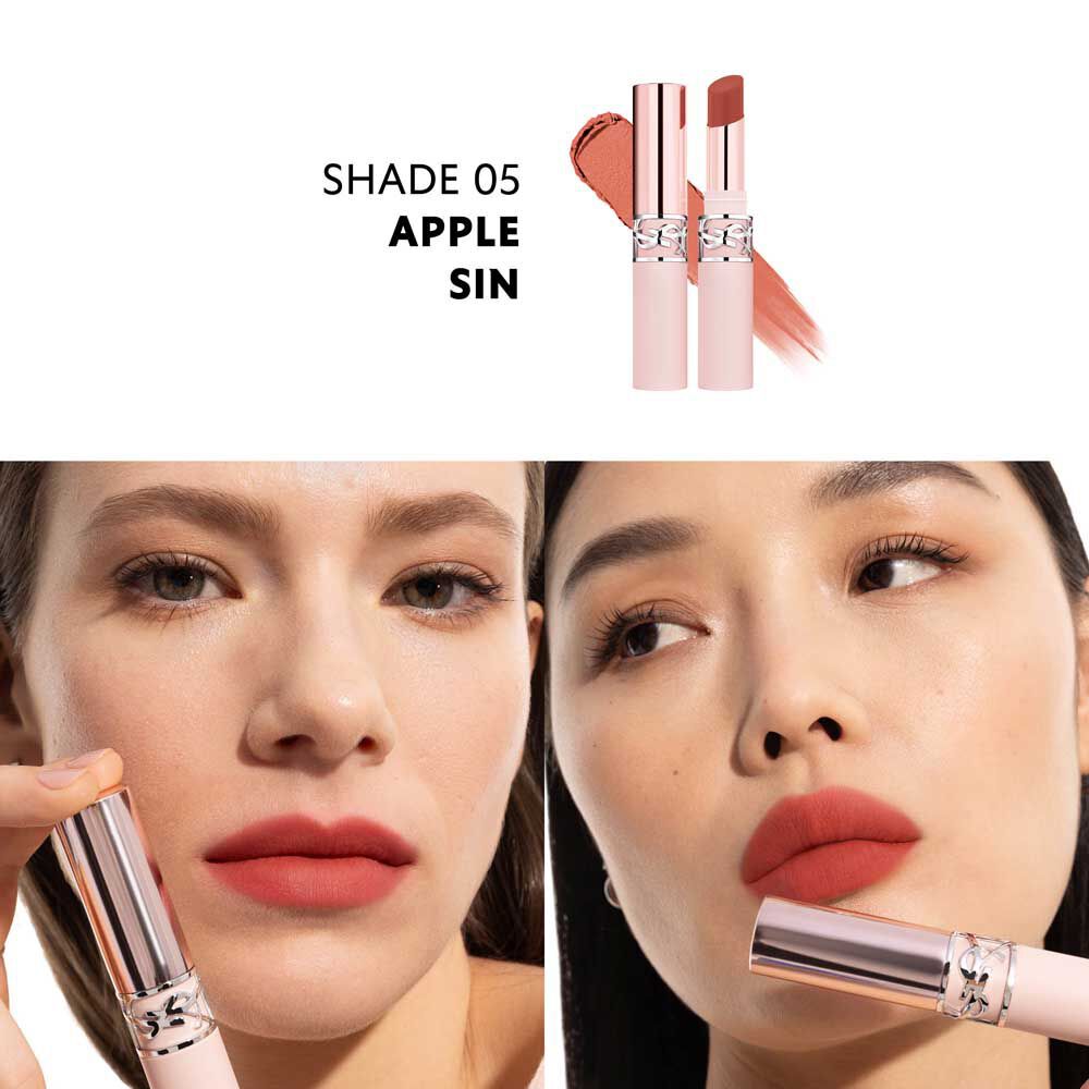 Model wearing YSL LOVENUDE LIP BLUSHER shade 05 Apple Sin with soft matte finish.