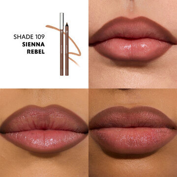 Close-up lips wearing YSL LOVENUDE KISS SHAPER nude shade.