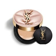 YSL SKIN AFFAIR SOFT GLOW CUSHION FOUNDATION. Pink quilted couture case with gold logo and black makeup puff.