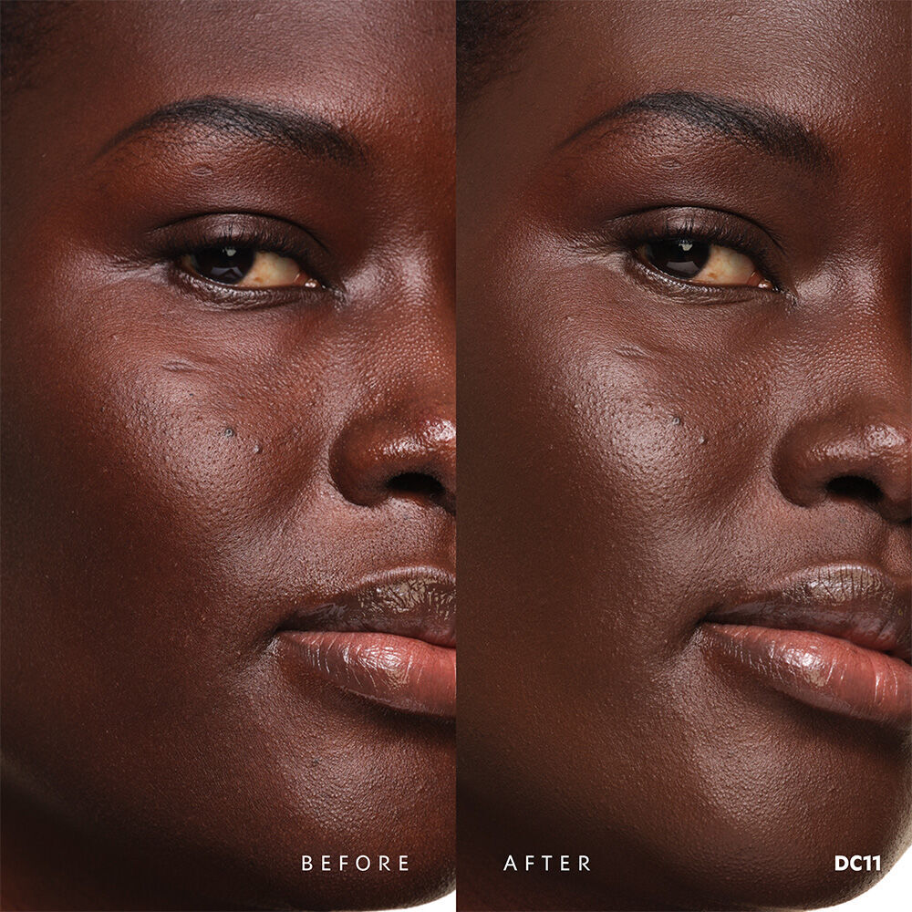 Before and after YSL SKIN AFFAIR SOFT GLOW CUSHION FOUNDATION DC11. Unified complexion with seamless radiant soft glow finish.