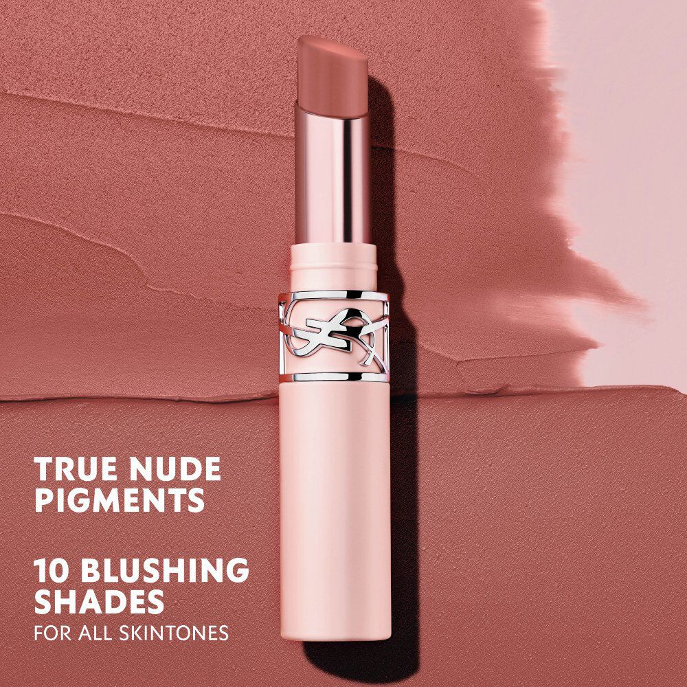 YSL LOVENUDE Lip Blusher, shade 44, on a textured background of nude-toned swatches.