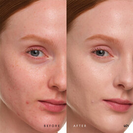 Before and after YSL SKIN AFFAIR SOFT GLOW CUSHION FOUNDATION LC1. Unified complexion with seamless radiant soft glow finish.