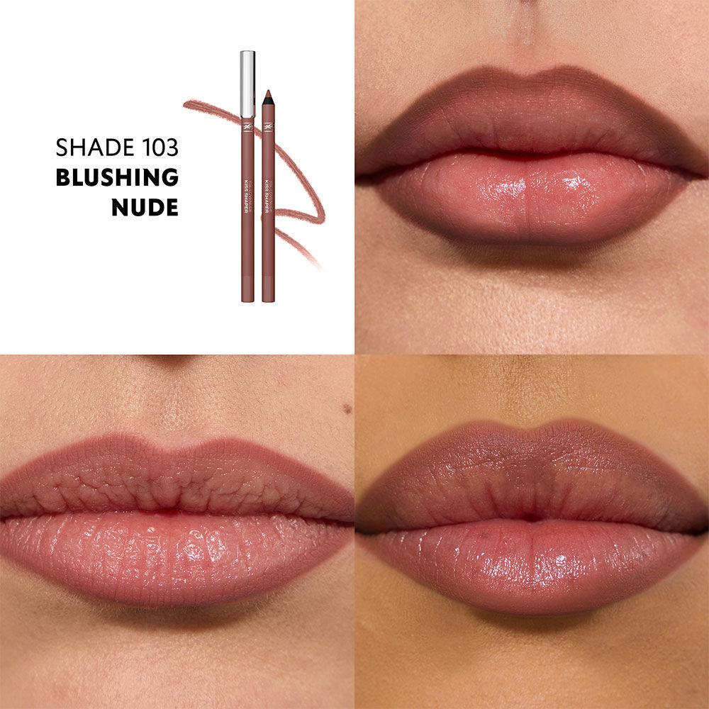 Close-up lips wearing YSL LOVENUDE KISS SHAPER nude shade.