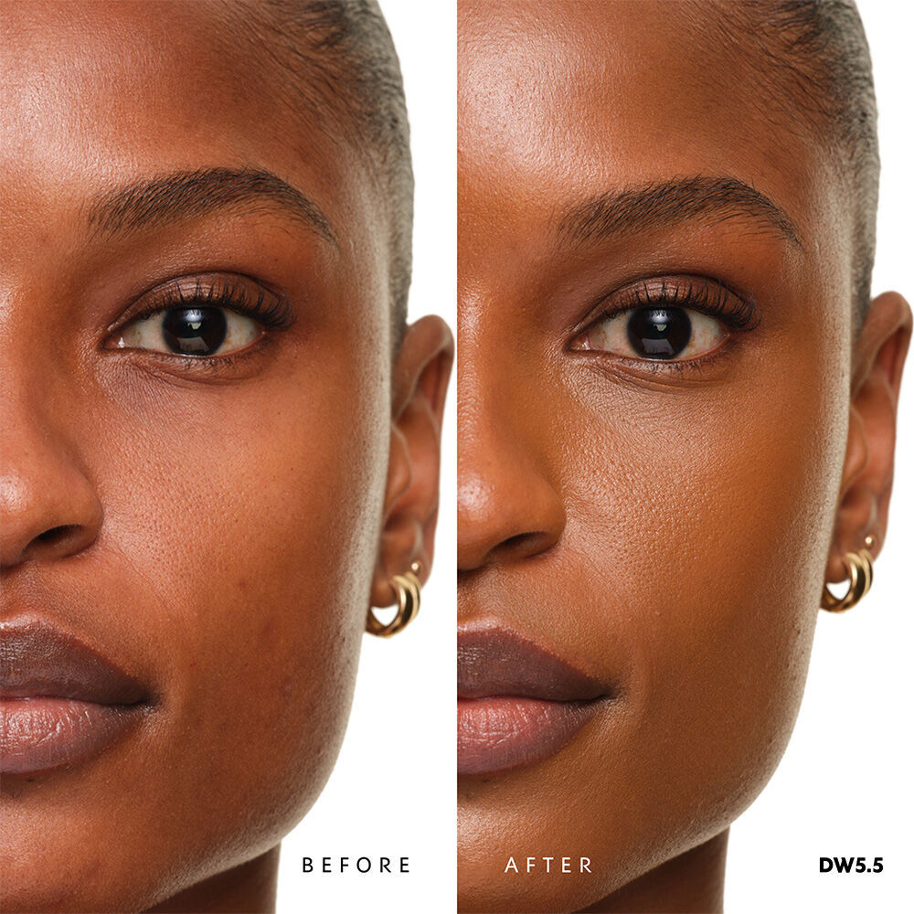 Before and after YSL SKIN AFFAIR SOFT GLOW CUSHION FOUNDATION DW5.5. Unified complexion with seamless radiant soft glow finish.