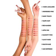 YSL LOVENUDE Lip Blusher. 10 shades swatched on three arms with light, medium, and deep skin tones.