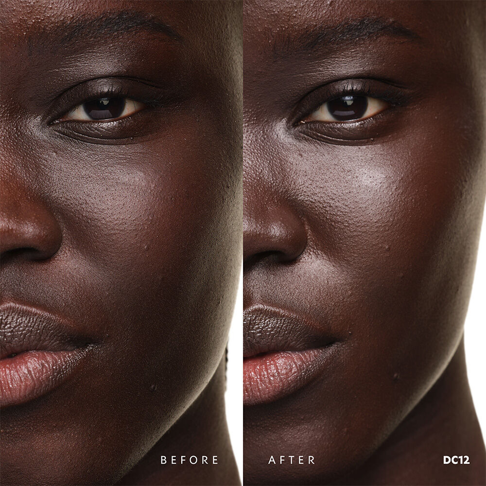 Before and after YSL SKIN AFFAIR SOFT GLOW CUSHION FOUNDATION DC12. Unified complexion with seamless radiant soft glow finish.