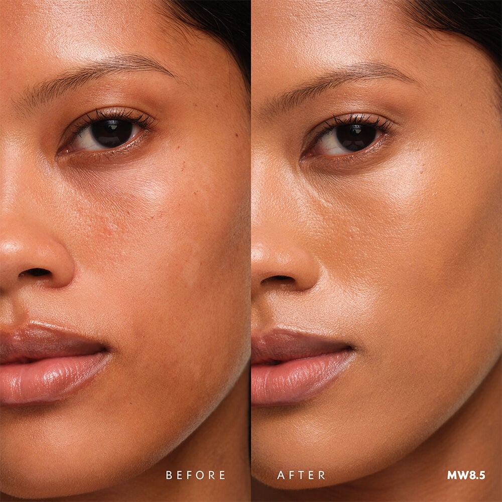 Before and after YSL SKIN AFFAIR SOFT GLOW CUSHION FOUNDATION MW8.5. Unified complexion with seamless radiant soft glow finish.