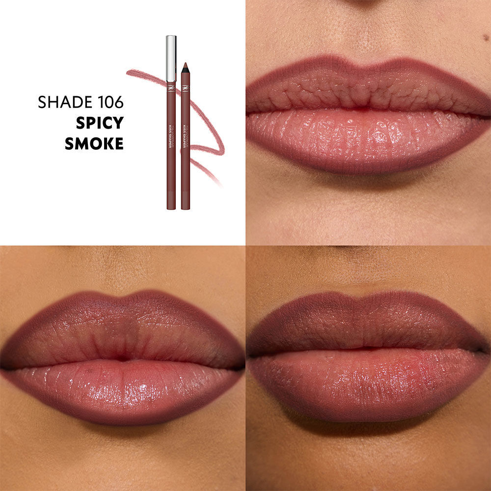 Close-up lips wearing YSL LOVENUDE KISS SHAPER nude shade.
