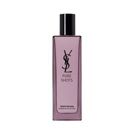 YSL Beauty Pure Shots Youth Reload Essence-in-Lotion, 150ml, in a tall purple-tinted glass bottle with black cap, reflected.