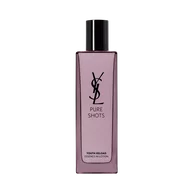 YSL Beauty Pure Shots Youth Reload Essence-in-Lotion, 150ml, in a tall purple-tinted glass bottle with black cap, reflected.