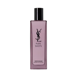 YSL Beauty Pure Shots Youth Reload Essence-in-Lotion, 150ml, in a tall purple-tinted glass bottle with black cap, reflected.
