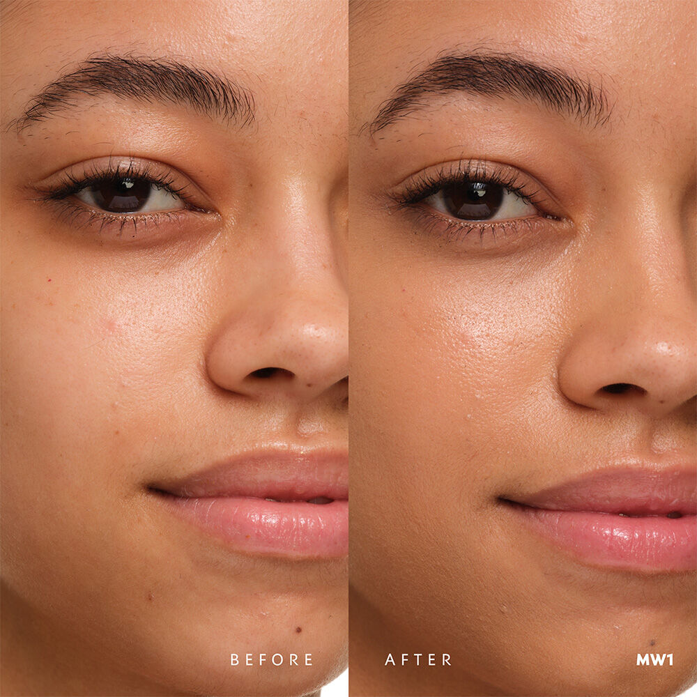 Before and after YSL SKIN AFFAIR SOFT GLOW CUSHION FOUNDATION MW1. Unified complexion with seamless radiant soft glow finish.