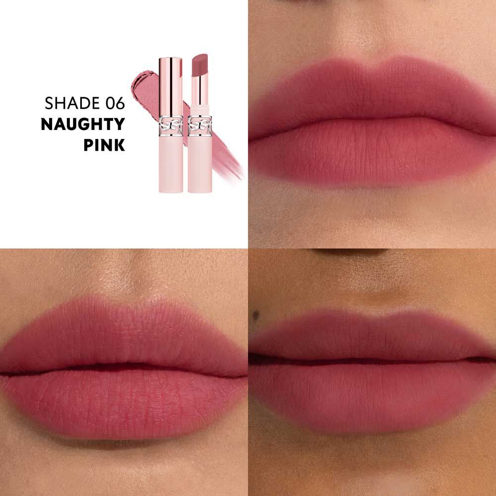 YSL LOVENUDE Lip Blusher, shade 6. Multiframe close-up of lips wearing the product.