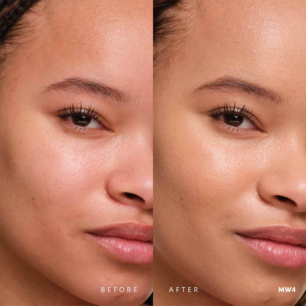 Before and after YSL SKIN AFFAIR SOFT GLOW CUSHION FOUNDATION MW4. Unified complexion with seamless radiant soft glow finish.