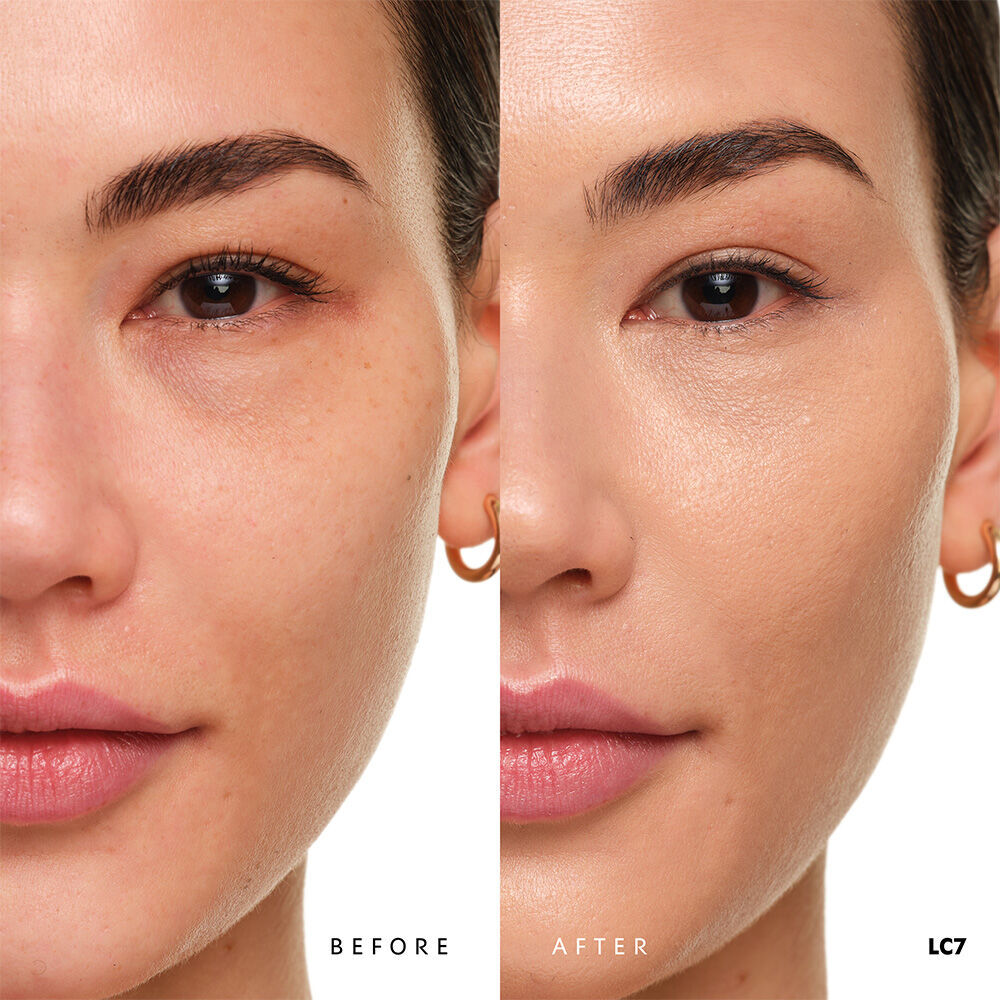 Before and after YSL SKIN AFFAIR SOFT GLOW CUSHION FOUNDATION LC7. Unified complexion with seamless radiant soft glow finish.