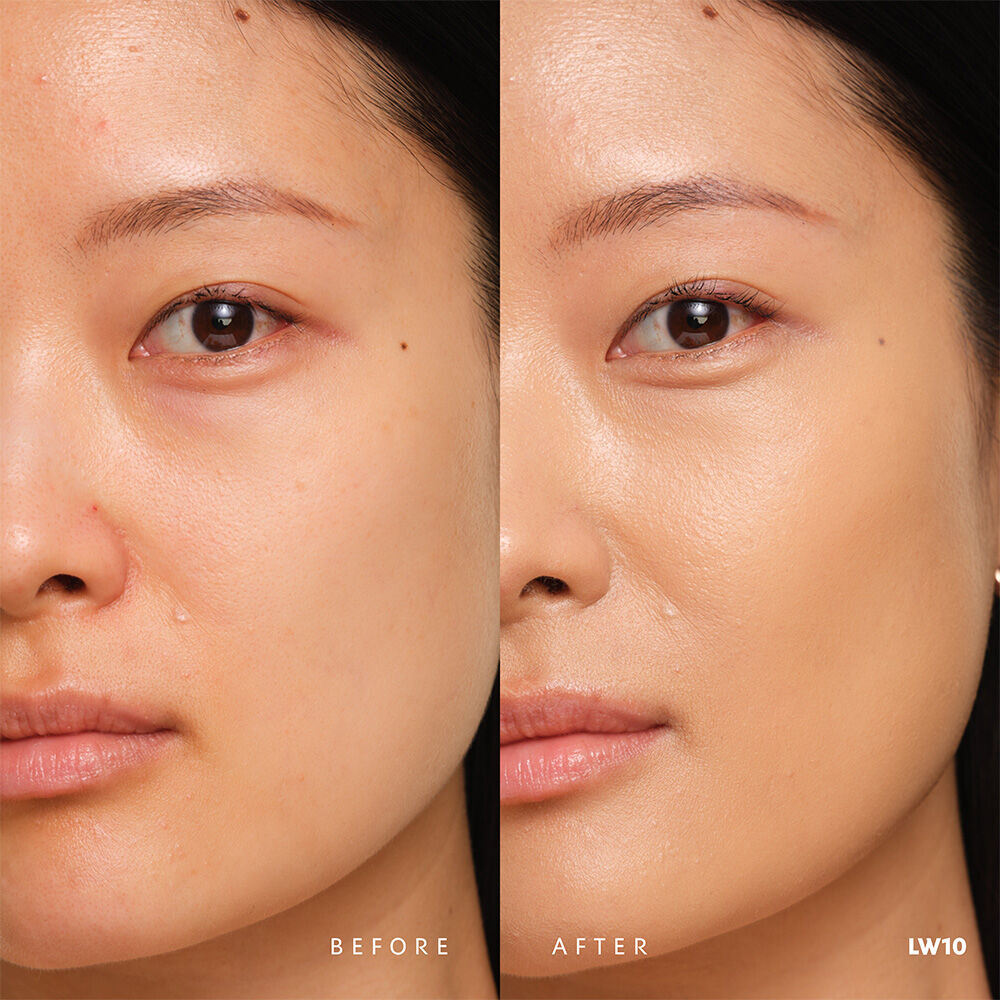 Before and after YSL SKIN AFFAIR SOFT GLOW CUSHION FOUNDATION LW10. Unified complexion with seamless radiant soft glow finish.