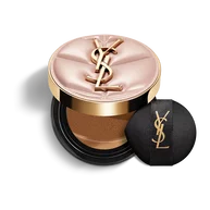 YSL SKIN AFFAIR SOFT GLOW CUSHION FOUNDATION. Pink quilted couture case with gold logo and black makeup puff.