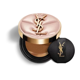 YSL SKIN AFFAIR SOFT GLOW CUSHION FOUNDATION. Pink quilted couture case with gold logo and black makeup puff.