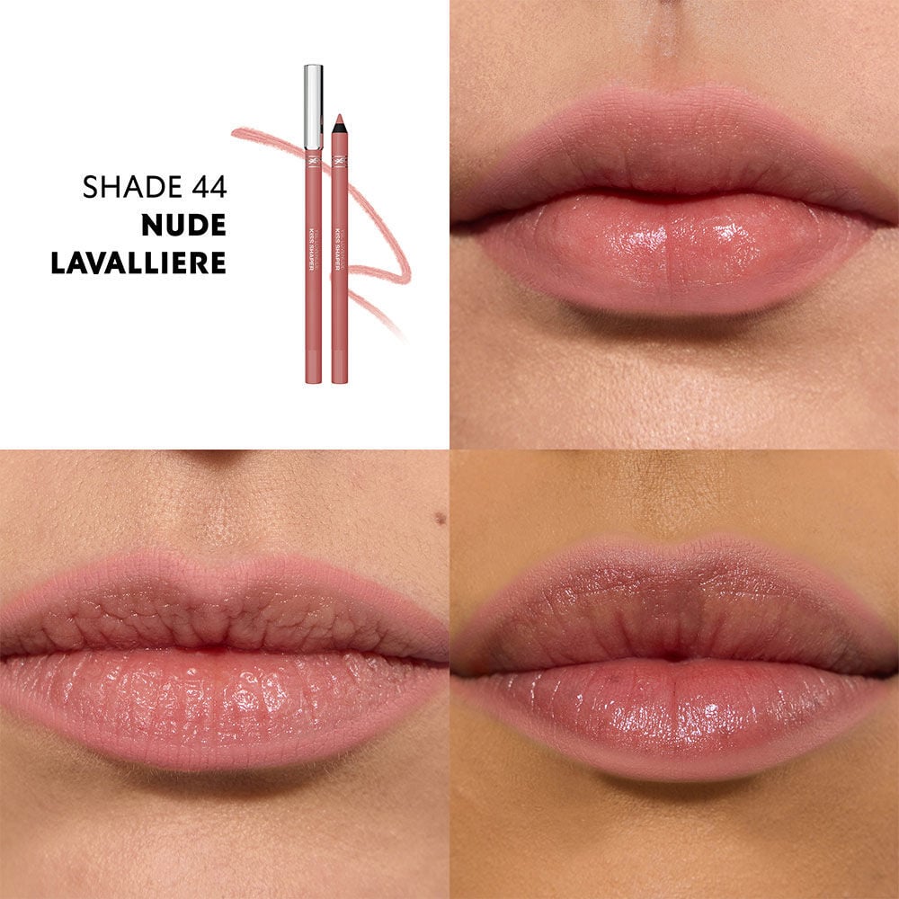Close-up lips wearing YSL LOVENUDE KISS SHAPER nude shade.
