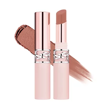 YSL LOVENUDE Lip Blusher, shade 02 Sassy Peach. Packshot of opened and closed product with swatch.