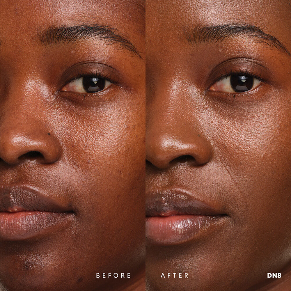 Before and after YSL SKIN AFFAIR SOFT GLOW CUSHION FOUNDATION DN8. Unified complexion with seamless radiant soft glow finish.