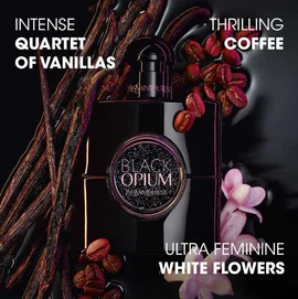 Le flacon Black Opium Le Parfum en noir brillant, entoure de gousses de vanille noire et de jasmin blanc, avec les allegations.