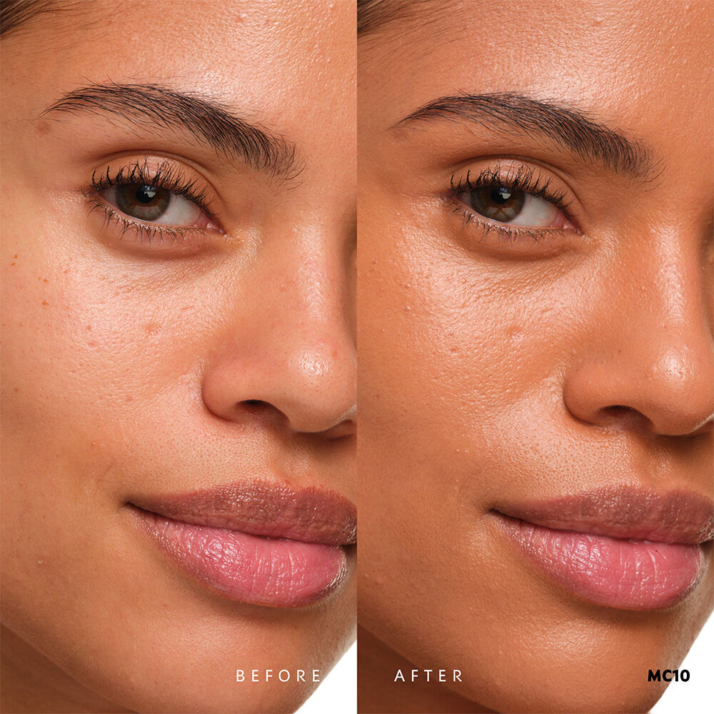 Before and after YSL SKIN AFFAIR SOFT GLOW CUSHION FOUNDATION MC10. Unified complexion with seamless radiant soft glow finish.