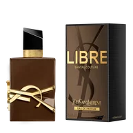 Libre Santal Couture bottle with his packagingin glazed brown with oversized golden YSL Cassandre 