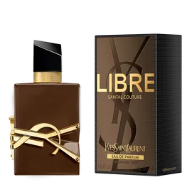 Libre Santal Couture bottle with his packagingin glazed brown with oversized golden YSL Cassandre 