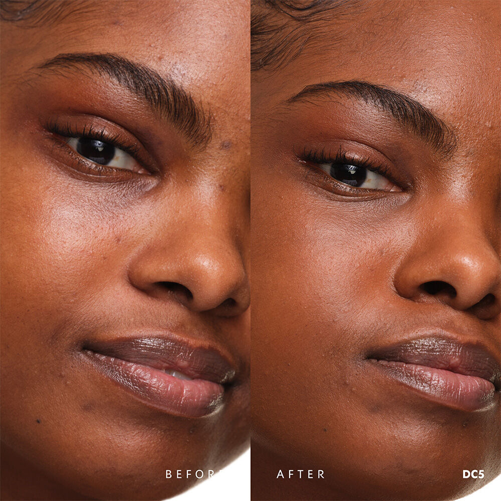 Before and after YSL SKIN AFFAIR SOFT GLOW CUSHION FOUNDATION DC5. Unified complexion with seamless radiant soft glow finish.