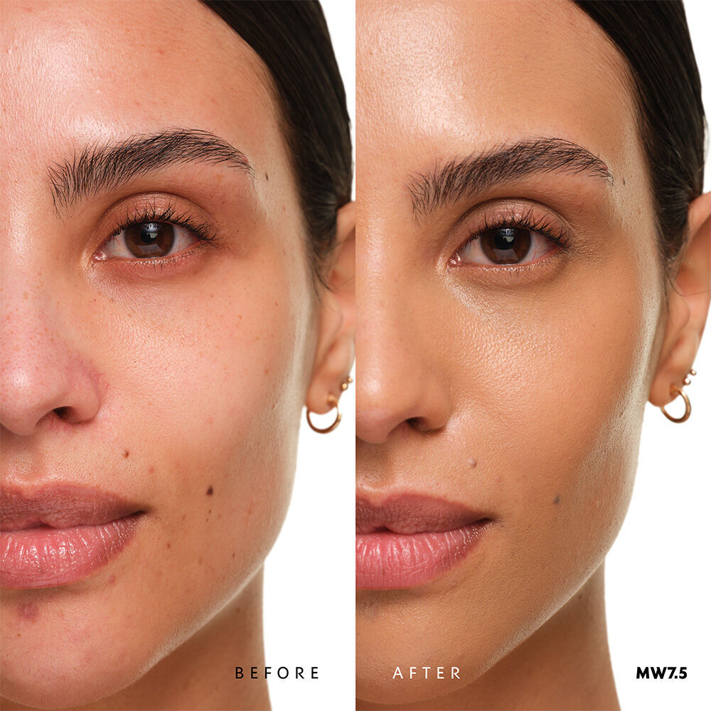 Before and after YSL SKIN AFFAIR SOFT GLOW CUSHION FOUNDATION MW7.5. Unified complexion with seamless radiant soft glow finish.