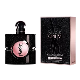 Black Opium Eau de Parfum bottle next to its matching black glittery box featuring the YSL Cassandre.