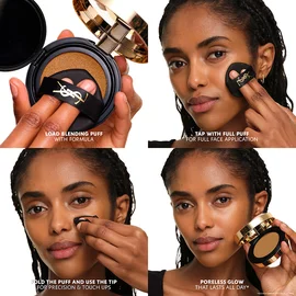 How to apply YSL SKIN AFFAIR CUSHION: load, tap for full coverage, and fold the puff for precision. All-day poreless glow.