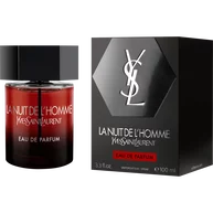 The fragrance bottle displayed alongside its sleek black and silver hexagonal box, highlighting the bold red "Eau de Parfum" label.