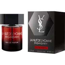 The fragrance bottle displayed alongside its sleek black and silver hexagonal box, highlighting the bold red "Eau de Parfum" label.
