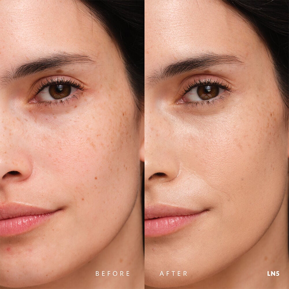 Before and after YSL SKIN AFFAIR SOFT GLOW CUSHION FOUNDATION LN5. Unified complexion with seamless radiant soft glow finish.
