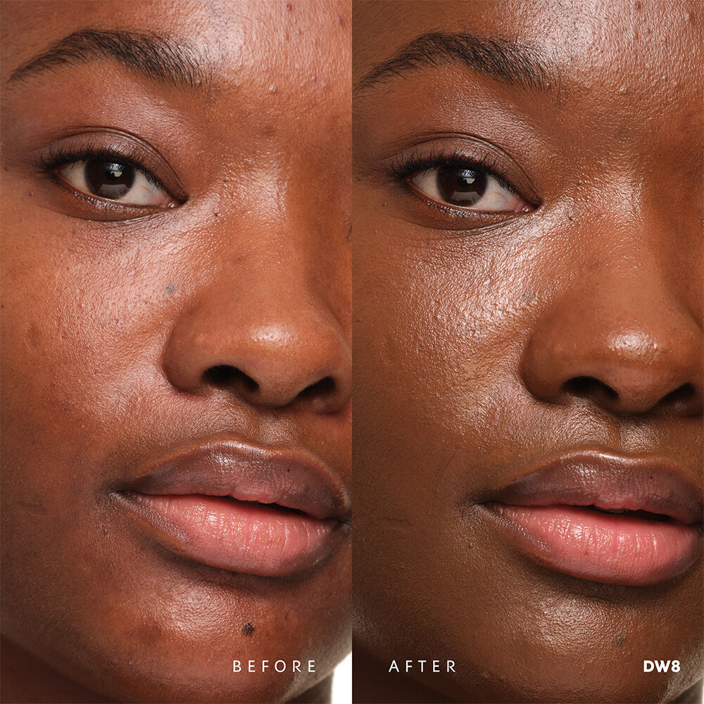Before and after YSL SKIN AFFAIR SOFT GLOW CUSHION FOUNDATION DW8. Unified complexion with seamless radiant soft glow finish.