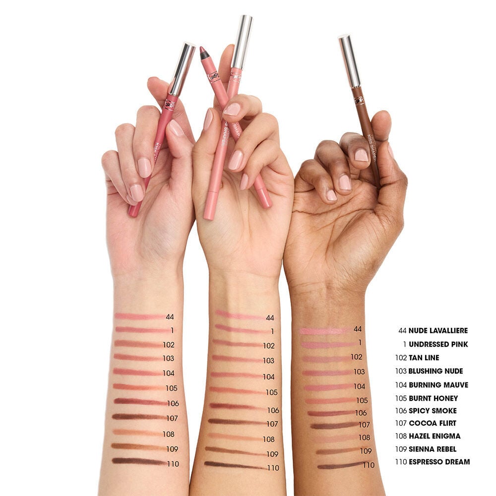 YSL LOVENUDE KISS SHAPER lip liner swatches on arms with multiple nude shades.