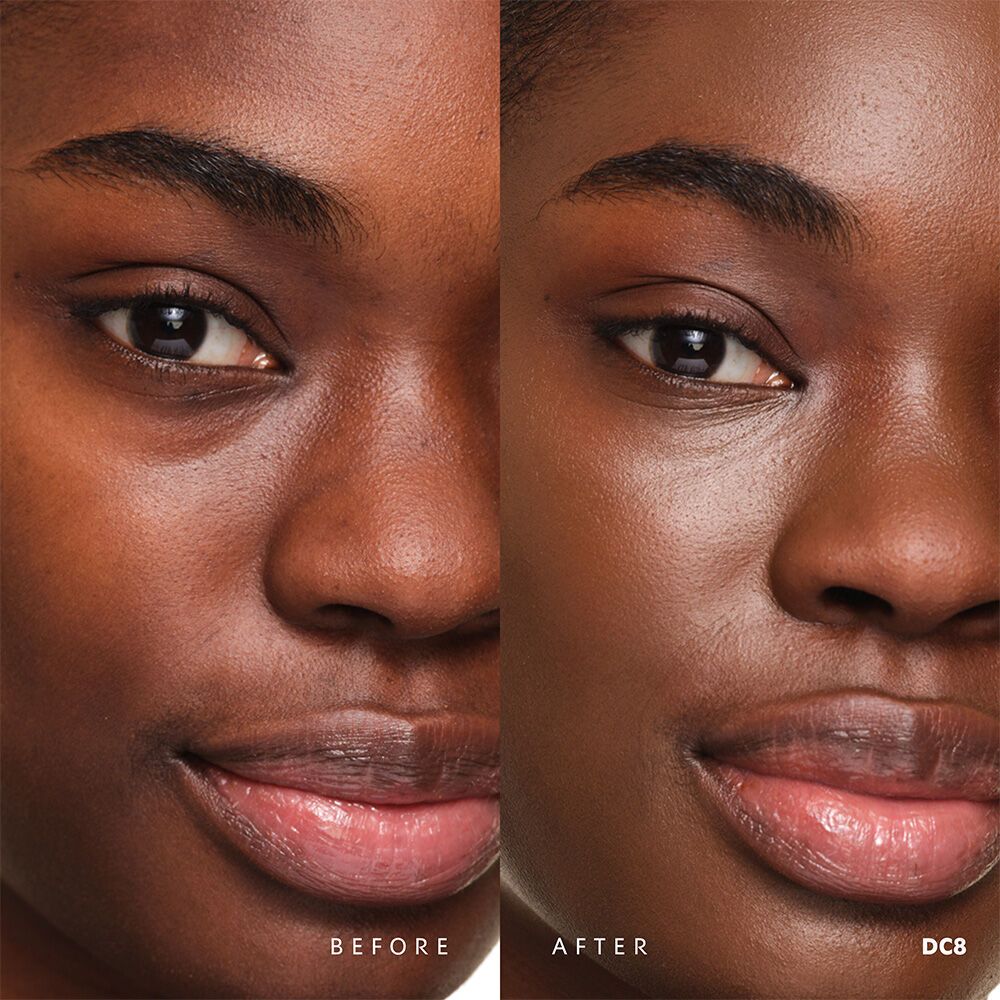 Before and after YSL SKIN AFFAIR SOFT GLOW CUSHION FOUNDATION DC8. Unified complexion with seamless radiant soft glow finish.