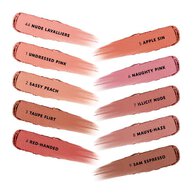 YSL LOVENUDE Lip Blusher. Full range of 10 shades with names, swatched on a white background.