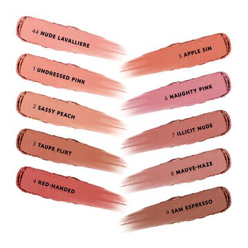 YSL LOVENUDE Lip Blusher. Full range of 10 shades with names, swatched on a white background.