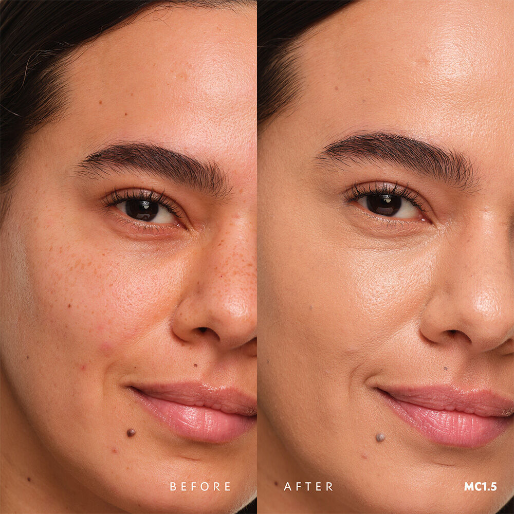 Before and after YSL SKIN AFFAIR SOFT GLOW CUSHION FOUNDATION MC1.5. Unified complexion with seamless radiant soft glow finish.