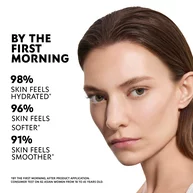 Marije, YSL Beauty model, with fair skin, showcasing hydrated and smoother skin with Pure Shots Essence claims.