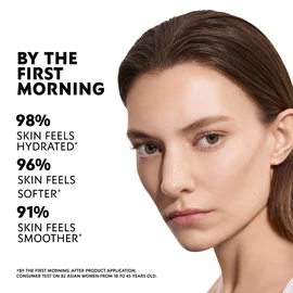 Marije, YSL Beauty model, with fair skin, showcasing hydrated and smoother skin with Pure Shots Essence claims.