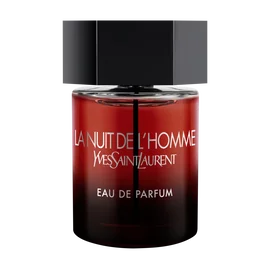 The Bottle front-facing shot of the La Nuit de l’Homme Eau de Parfum bottle, featuring a deep red-to-black gradient glass and a signature matte black hexagonal cap.
