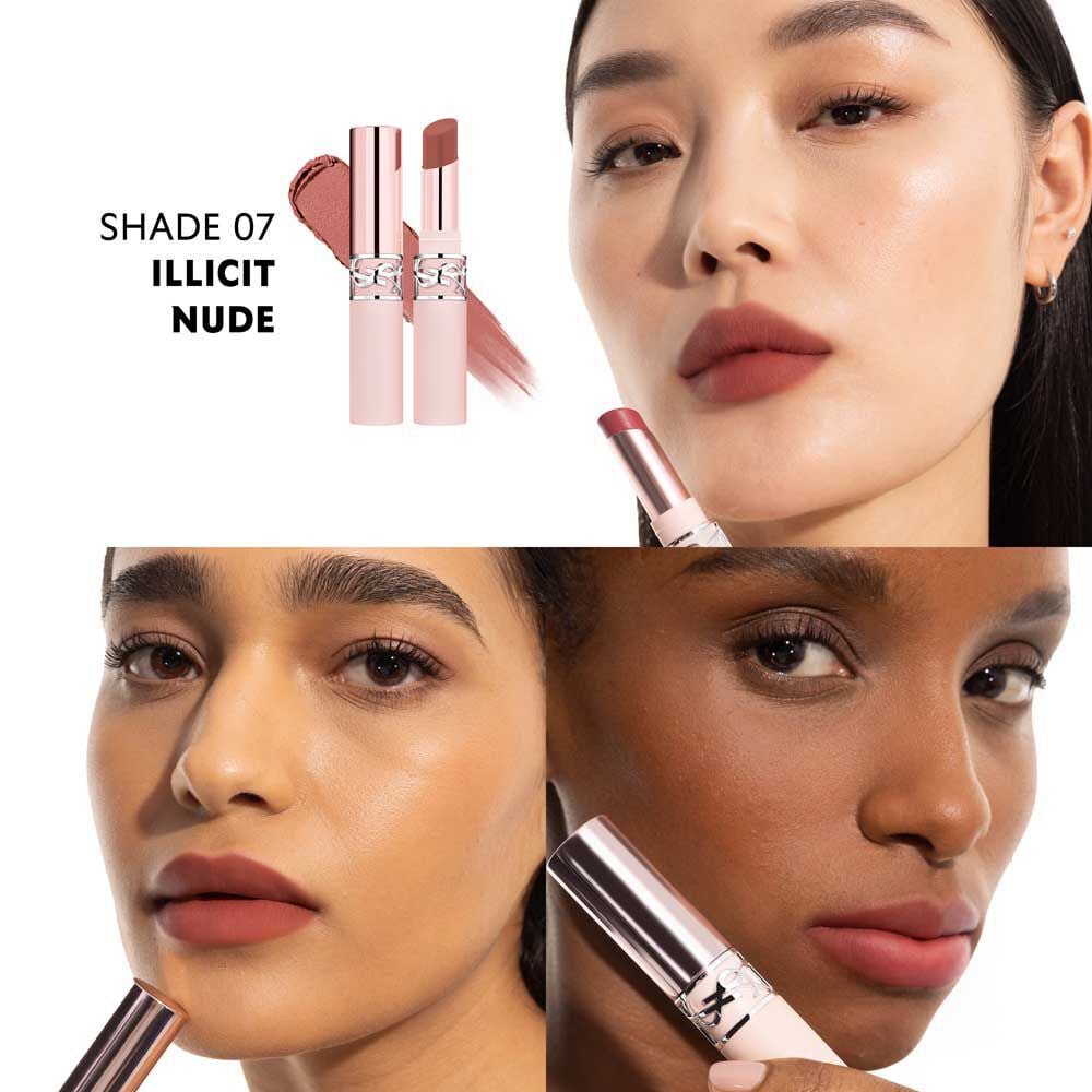 Model wearing YSL LOVENUDE LIP BLUSHER shade 07 Illicit Nude with soft matte finish.